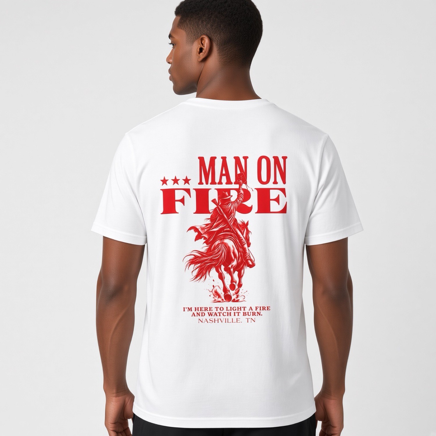 MAN ON FIRE white tee, back print