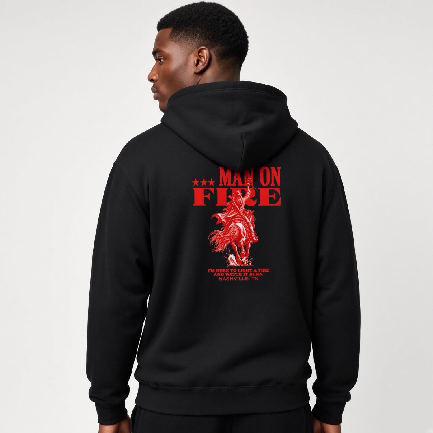 MAN ON FIRE black hoodie, back print