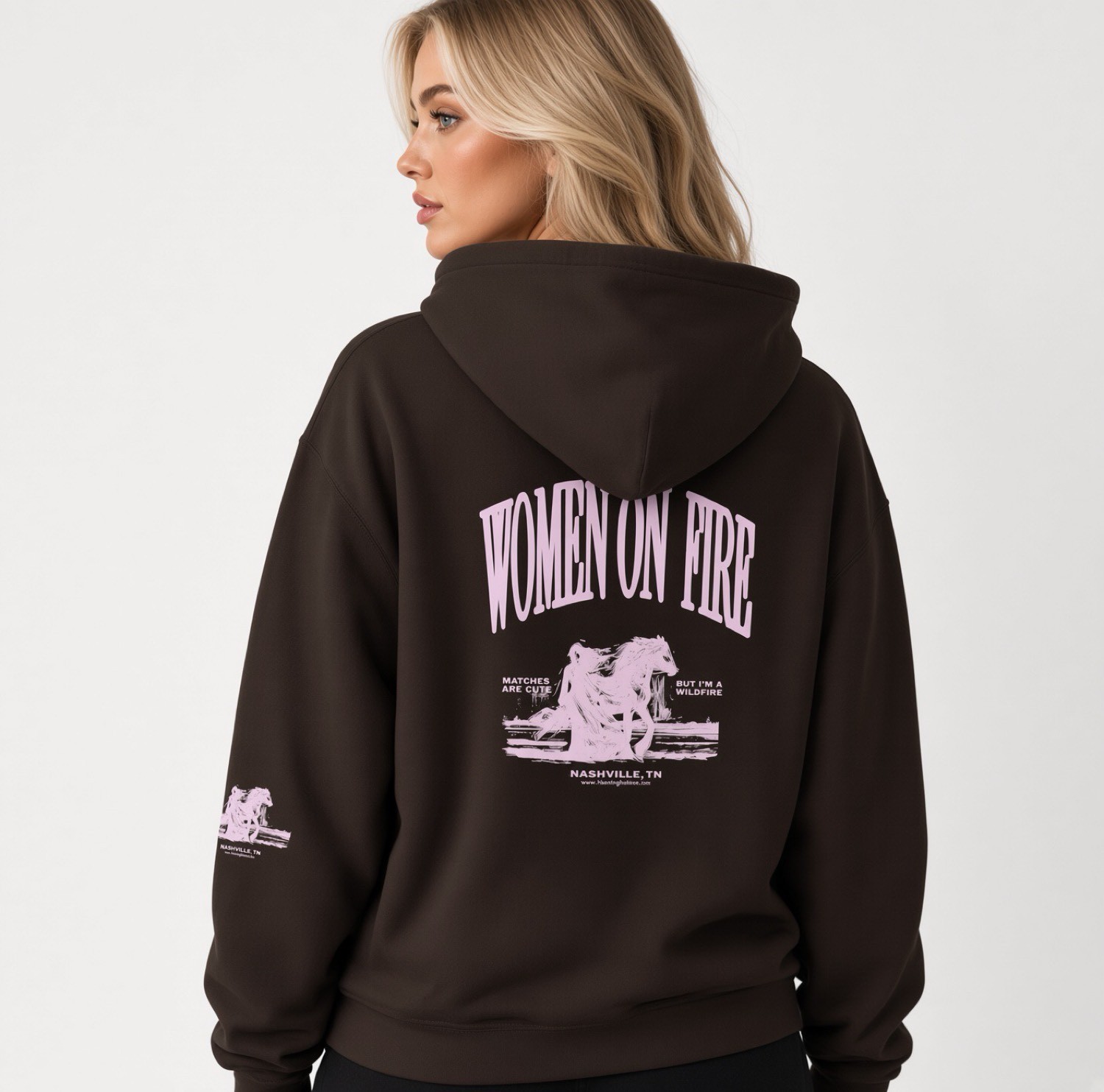 WOMEN ON FIRE dark chocolate hoodie, back print